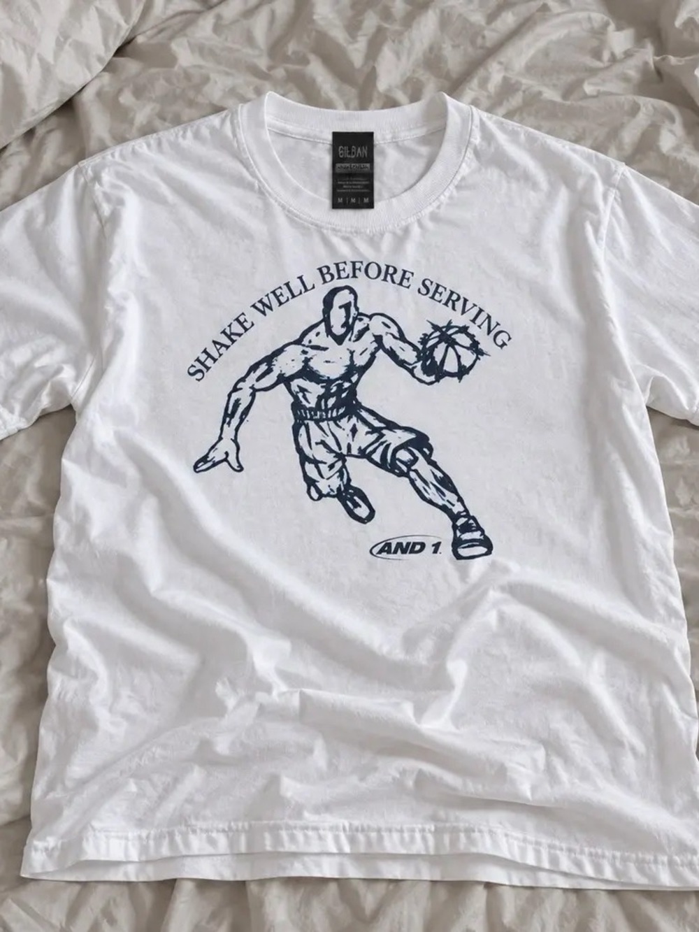 Gildan White Short-Sleeve Tee with Navy Basketball Graphic